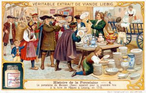 A porcelán története 4. sz.: A meisseni porcelán (Szászország) először az 1710-es lipcsei húsvéti vásáron jelent meg. Liebig-kromolitográfia alkotó: French School