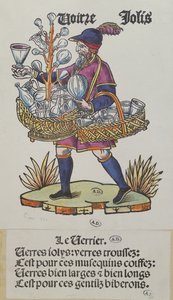 Utcai árus üvegárut árul, Cris de Parisból, 1515 körül (színes fametszet) alkotó: French School