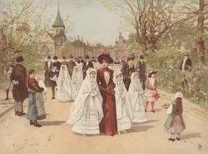 Utcai jelenet konfirmációs ruhát viselő lányokkal alkotó: French School