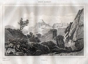 Subiaco Lazio Róma nagyvárosában – Metszet a „festői Olaszországból”, M. de Norvins, Ch. Nodier 1834-1836. alkotó: French School