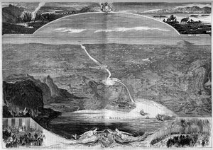 Szuezi-csatorna: panorámás kilátás a Szuezi-szoroson (Egyiptom) lévő lyukra, amelyet 1859-ben kezdtek el építeni. Morin metszet a „” The Illustrous World”” 84. számában, november 20. alkotó: French School