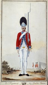 SwissGuard. 16. tábla a „”XV. Lajos alatti francia csapatok katonai egyenruháinak gyűjteményében”” 1779. évi litográfiája. Mérete 0,23x0,16 m. Párizs, Hadsereg Múzeum alkotó: French School