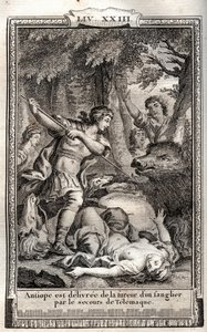 A Telemaque egy vaddisznóból kihozza Antiopét – Monnet 1798-as metszete a „Les Aventures de Telemaque, fils d
