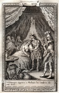 Telemaque ellátja Phalante sebeit, és elhozza neki testvére hamvait – 1798-as metszet Monnet után, Francois de Salignac de La Mothe-Fenelon dit Fenelon „Les Aventures de Telemaque, fils d
