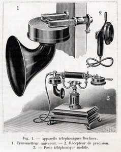 Telefonos készülék - Berliner System - "" La nature"" metszet 1902-ből alkotó: French School