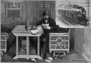 Futó vonatok telefonkommunikációja, Thomas Edison rendszer (1847-1931): telefonkészülékkel felszerelt alkalmazott, aki egy mozgó kocsiban adatot fogad. Metszet a „” La Nature-be. Revue des sciences et de ses applications aux arts et a l
