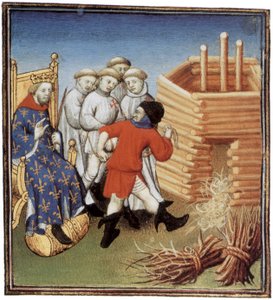 A templomosokat IV. Fülöp le Bel francia király pillantása alatt fogják kivégezni 1310-ben, megvilágítás alkotó: French School