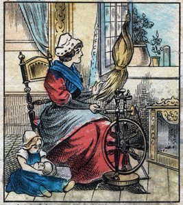 Textil, lenvászon. Egy nő mechanikus fonókorongot használ az ágynemű fonására. Metszés. Epinális képalkotás a 19. század végén. alkotó: French School