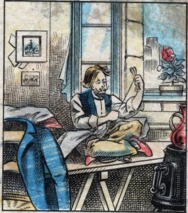 Textil, lenvászon. Varrócérna gombolyagokra vágva. Metszés. Epinális képalkotás a 19. század végén. alkotó: French School