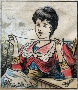 Textil, lenvászon. Nő kapszulákat használ varrócérnák használatához. Metszés. Epinális képalkotás a 19. század végén. alkotó: French School
