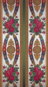 Textil százszorszépfüzérekkel és rózsacsokrokkal, Cousin and Bony, Bissardon, Lyon, 1811 (hímzett szatén) alkotó: French School