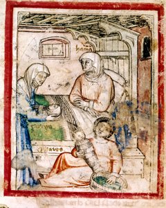 Thamar (Tamar) két ikertestvért szül, Perets és Zerah, Júda fia. Miniatűr a 212-es kódexből (vagy padovano kódexből vagy Páduai Bibliából) 1390-1400 alkotó: French School