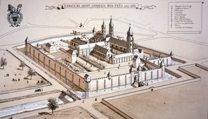 A Saint-Germain-des-Prés-i apátság 1520 körül (színes metszet) alkotó: French School