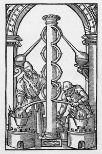 Az alkimista munka közben, Philippus Ulstadius „Coelum Philosophorum” illusztrációjának másolata, Párizs, 1544 alkotó: French School