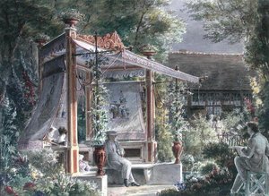 Jacques Ignace Hittorff építész (1792-1867) párizsi kertjében (guache papíron) alkotó: French School