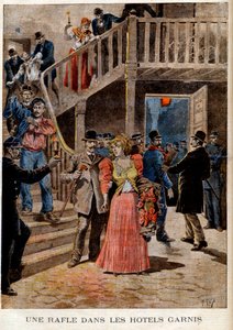 Prostituáltak letartóztatása a párizsi szállodákban (panzió) - Összefoglaló a kitöltött szállodákban - „Le Petit Journal” 1895.08.04 (metszet) alkotó: French School