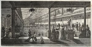 A fürdők a Hotel Lambertben, Ile Saint-Louis, Párizs, 19. század közepe - Hotel Lambert, Ile Saint-Louis, női úszóiskola - Bain Lambert - - Edmond Texier 1852-es metszete „Tableau-de-Paris”-ban alkotó: French School