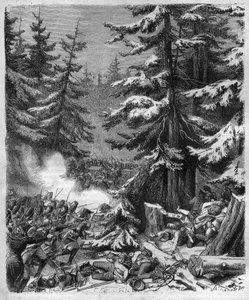 A Hohenlinden-i csata (München mellett, Németország) Frimaire, IX. 12-én (1800. december 3.) Jean Victor (Jean-Victor) Moreau tábornok francia csapatai és a Jean-Baptiste (Jean-Baptiste) főherceg által irányított osztrák és bajor erők között. ) Ausztria. alkotó: French School