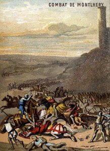 A montlheryi csata (1227): A királyságok és a feodalita – Blanche de Castille, fia, IX. Lajos régense a nagy feudálisok lázadásában. A „Hazafias nevelés képen keresztül” sorozat kromolitográfiája. alkotó: French School