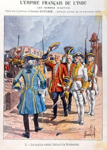 A britek átadják Madrast Mahe de la Bourdonnais francia parancsnoknak 1746. szeptember 21-én, az iskolai füzet borítója, 1900 körül alkotó: French School