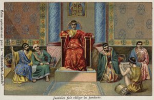 I. Justinianus bizánci császár diktálja a pandektusokat, 6. század alkotó: French School