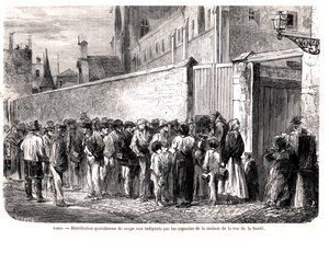 A rue de la Sante kapucinusai a napi levest osztják a szegényeknek, a Le Monde Illustre-ből, 1860 alkotó: French School