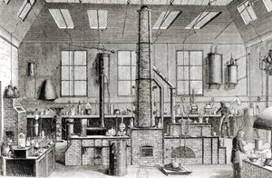 Egy párizsi iskola kémiai laboratóriuma, Almanach du Magasin Pittoresque, 1870 alkotó: French School