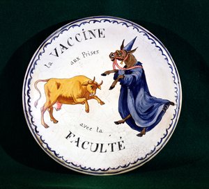 A tehénhimlő harcban áll az orvosi hivatással, 1800 körül (mázas kerámia) alkotó: French School