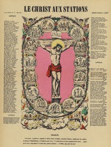 Jézus keresztre feszítése és a keresztúti stációk (színes litográfia) alkotó: French School