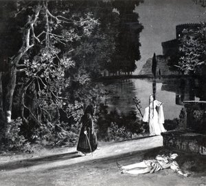 Pelleas halála, IV. felvonás, Debussy Pelleas et Melisande 4. jelenete, a párizsi Opera-Comique opera 1902. áprilisi első előadásának fényképéről, illusztráció a Theater m-ben alkotó: French School