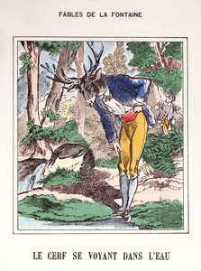 A szarvas látja magát a vízben, a Fables de La Fontaine-ből (színes metszet) alkotó: French School