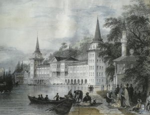 Dolmabahce palota a Boszporuszon, 1840 (színes metszet) alkotó: French School