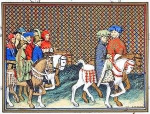 Exeter és Surrey hercegeit II. Richard küldte a Conway kastélyból Chesterbe, hogy kezelje Lancaster hercegét, faxmásolat a Le Prinse et Mort du Roy Richart-ból Jean Cretontól, újranyomva 19. alkotó: French School