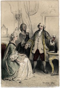 Az angol komikus, David Garrick (1717-1779) edzőnek álcázva berobbant egy hercegnőbe, aki vágyott rá, hogy megpróbálja okoskodni, és meggyőzni az iránta érzett szerelme abszurd voltáról. ”” metszet két sh alkotó: French School