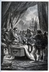 Chateauneuf de Randon (Chateauneuf-de-Randon, Auvergne) angol kormányzója megadta magát, és letette a tér kulcsait Bertrand du Guesclin (1320-1380) koporsójára, aki előtt 1380. július 13-án a város állt. ostromló. Le connetable die alkotó: French School