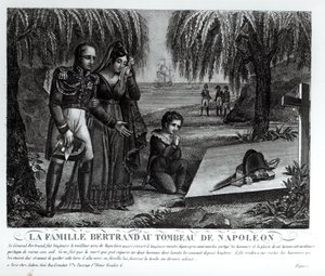 Henri-Gratien Bertrand tábornok (1773-1844) családja Bonaparte Napóleon (1769-1821) sírjánál 1821 (litho) (bw fotó)