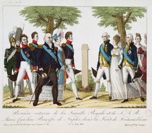 Az első találkozás XVIII. Lajos (1755-1824) és bourboni Marie-Caroline-Ferdinande (1798-1870) között, a Croix de St. Heremben a fontainebleau-i erdőben, 1816. június 15., 1816-30 (színes engr) alkotó: French School