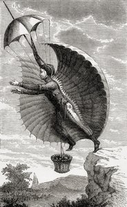 A repülő ember, Nicolas Edme Restif de la Bretonne után vésve, a „Csodálatos léggömbemelkedések vagy az égbolt meghódítása” című művéből, Fulgence Marion, 1870 körül megjelent. alkotó: French School