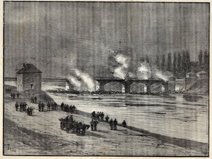 A francia-porosz háború – Párizs védelme – az Asnieres-híd felgyújtása – Az Asnieres-i híd tüze Párizs ostroma (védelme) alatt Leonce Rousset (1850-) parancsnok „” Les combatants de 1870-71” vésése 1938) - Porosz francia háború - ( alkotó: French School