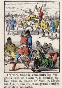 A francia hadsereg Poitiers közelében találkozott a vizigótokkal, a harc a Vouille-i síkságon zajlott. Clovis 507-ben megölte Alaricot, a királyukat és számos vizigót katonát. alkotó: French School