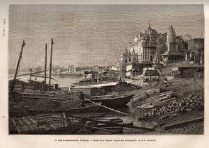 A Ghat de Benares (jelenlegi Vanarasi) (a Ghat de Benares (jelenlegi Vanarasi) a folyók partjait és a medencék és tározók partjait jelölő lépcsőket, amelyek lehetővé teszik, hogy vízzel érintkezve leereszkedjen), G. Moynet rajza nyomán, az utat illusztrálv alkotó: French School