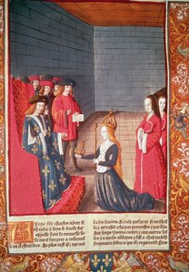 Richilde Provence-i Szent Római Császárnő Compiegne-ben átadja Dadogtató Lajosnak a koronát és a jogart, amely atyjának, II. Károlynak a „kopasz” volt, a „Chroniques de France”-ból, A. Verard nyomta. alkotó: French School