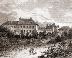 A franciaországi Chalon-sur-Saône melletti Gras-i ház, ahol Nicéphore Niépce francia feltaláló kifejlesztette a heliográfiát, a Les Merveilles de la Science című, 1870 körül megjelent kötetből (metszet). alkotó: French School
