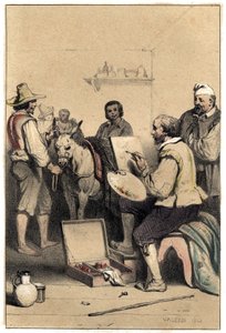 Antonio Allegri olasz festő (Correggio vagy Le Correge néven 1489-1534) támogatja, megalkotja egy fogadó jelét, hogy kifizesse étkezését. Kétszínű metszet "" Híres férfiak életének jelenetei"" című tányér. írta: Valerio. 1843. alkotó: French School