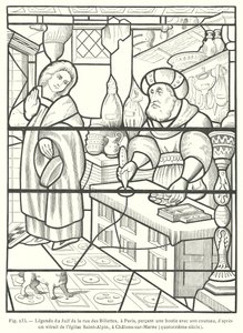 A párizsi Rue des Billettes zsidója megszentségteleníti a Gazdát úgy, hogy késével átszúrta, egy 14. századi ólomüveg ablak után a Saint-Alpin templomban, Chalons-sur-Marne, Franciaország (metszet) alkotó: French School