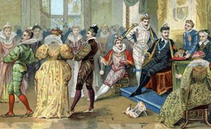 Henrik francia király (1551-1589) körülveszi aranyosait. A 19. század végének kromolitográfiája alkotó: French School