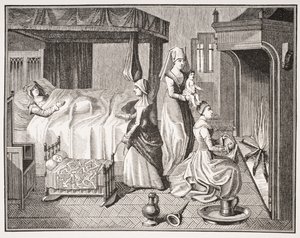 Az újszülött gyermek, Paul Lacroix (1806-84) 1847-ben megjelent "Histoire de la Belle Helaine" című művének 15. századi miniatúrája után. alkotó: French School
