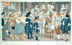Az orrbeszélő a Hotel de Bourgogne-ban, illusztráció Edmond Rostand (1868-1918) "Cyrano de Bergerac"-jából, 1905 körül (színes litográfia). alkotó: French School