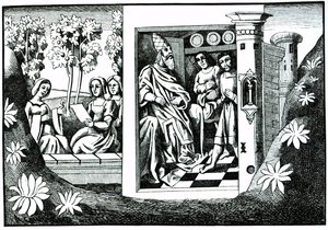 A Hegyi Öreg, aki parancsokat ad követőinek Marco Polo utazásaiból, amelyet Albert Coinchon (†1871) másolt az eredeti kéziratból alkotó: French School