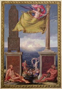 Herkules oszlopai, Pene Katalónia és a Baleár-szigetek térképgyűjteményének előlapja, 1680 (színes metszet) alkotó: French School